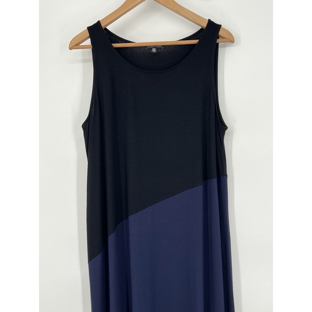 Eileen Fisher Black & Blue Large Asymmetrical Midi Dress Minimalist Capsule